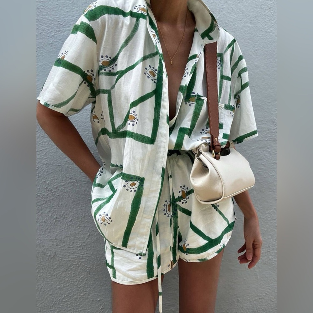 Commense Summer Set Button-Down Shirt with Matching Shorts green/white xs